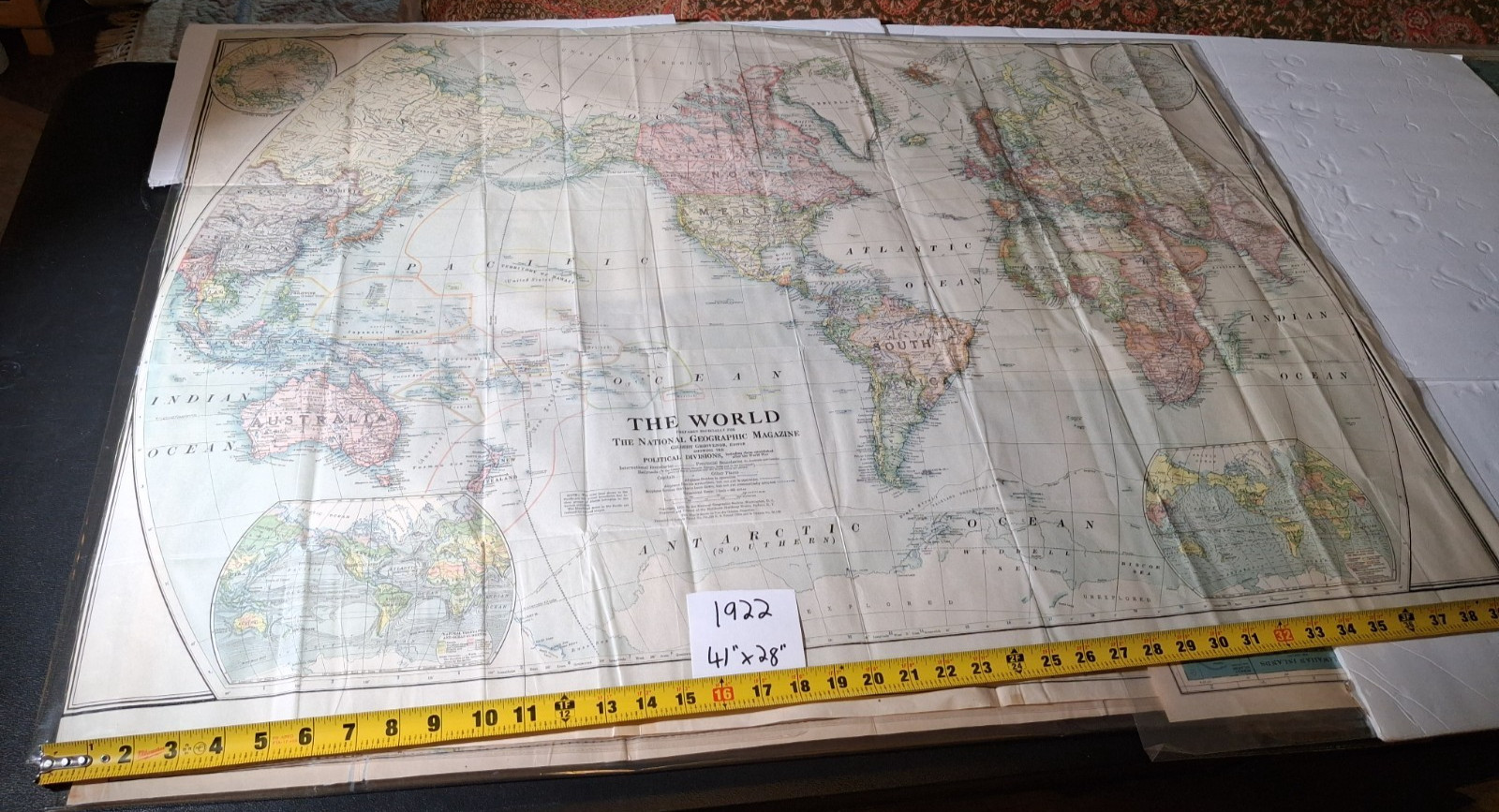 RARE antique 1922 THE WORLD map National Geographic original 41" X 28"