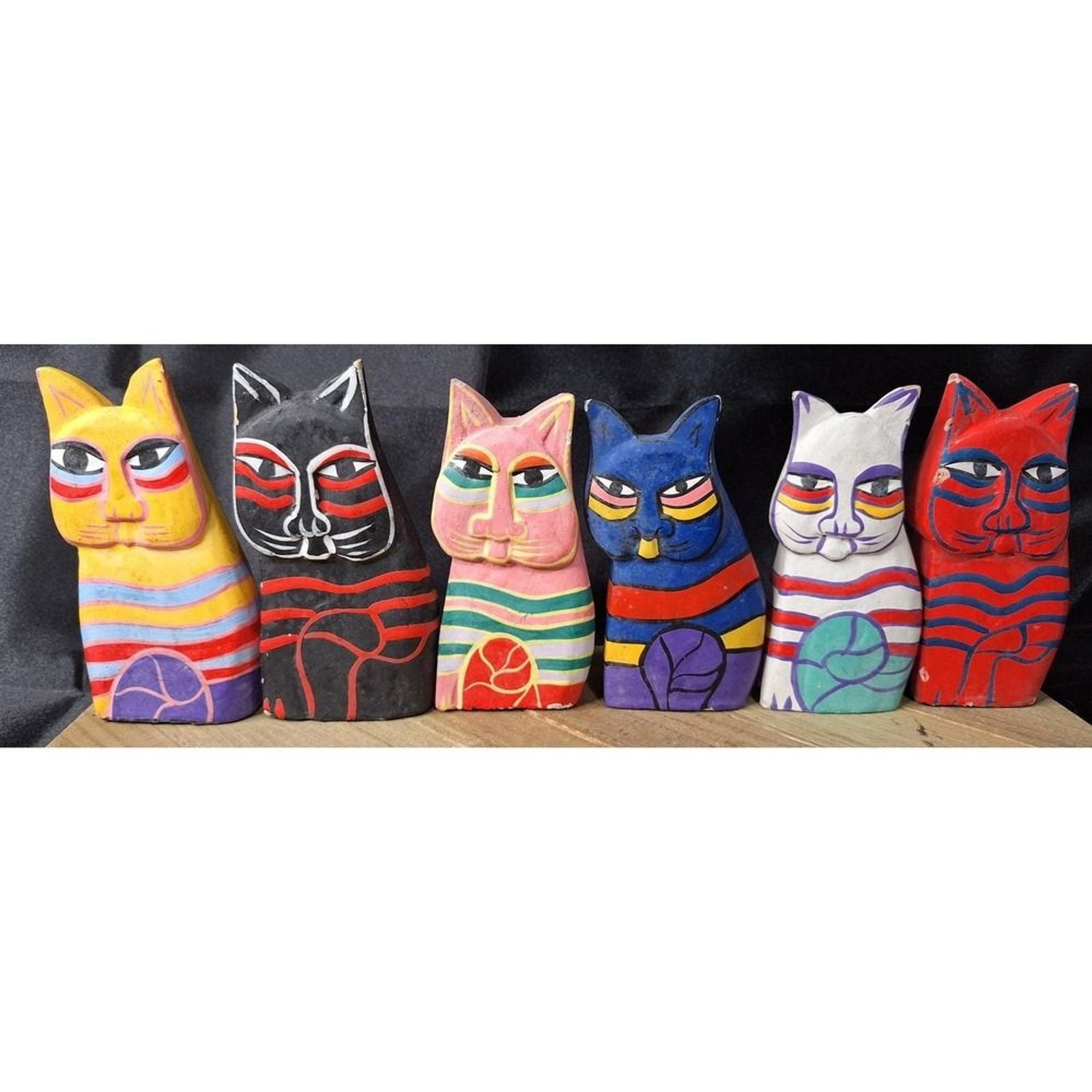 Vintage Laurel Burch Style Cat Lot Hand Painted Wooden Cat Figurines Set of 6 Vintage Laurel Burch Style Cat Lot Hand Painted Wooden Cat Figurines Set of 6