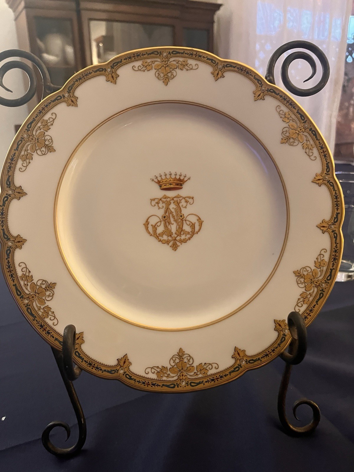 10 Antique 10"Plates-9 Pearl, Cornet & Monogram~Lerosey Rue De La Paix~Exquisite 10 Antique 10"Plates-9 Pearl, Cornet & Monogram~Lerosey Rue De La Paix~Exquisite