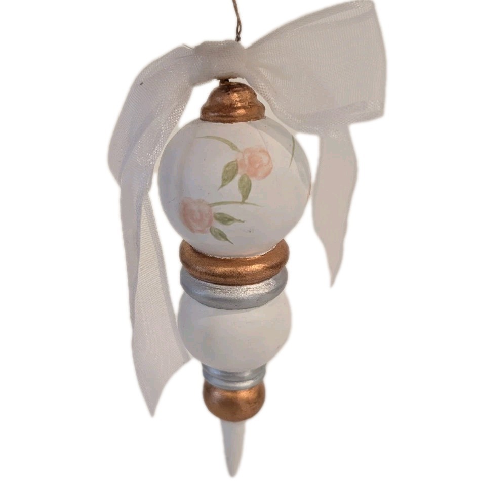 Vtg Hand Painted Wood Turned Spindle Ornament Decor Handmade White Gold Rose 6"