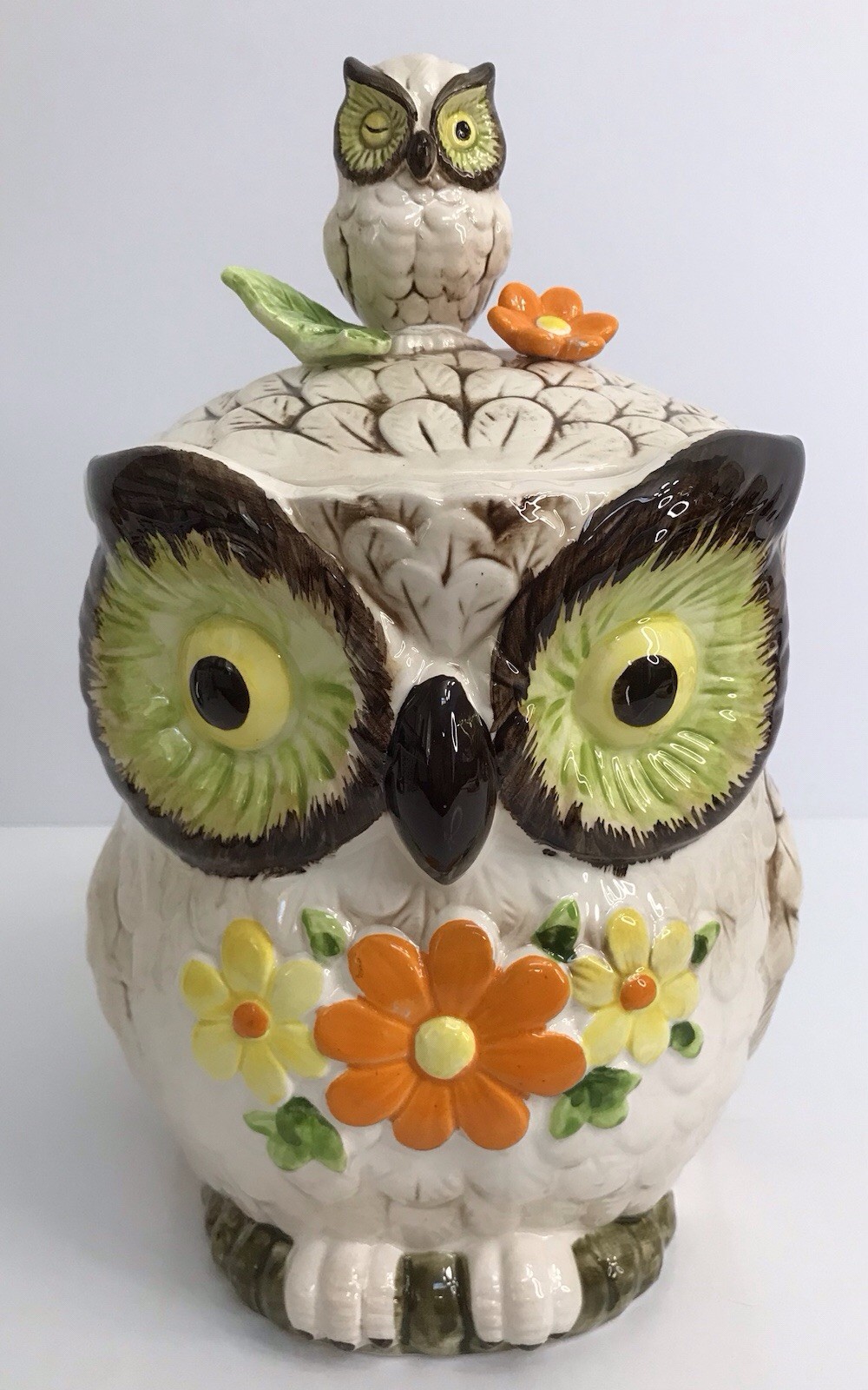 RARE Vintage Ceramic Owl and Winking Baby Cookie Jar Floral Accents RARE Vintage Ceramic Owl and Winking Baby Cookie Jar Floral Accents