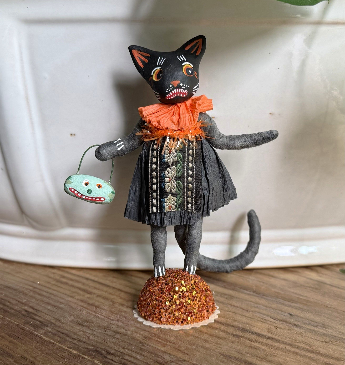 Charming Handmade Spun Cotton & Clay Halloween Black Cat Figurine