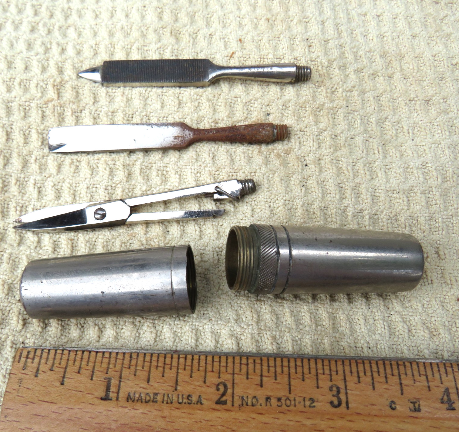 Vintage, 1940's - Men's Grooming Travel Manicure Kit in Metal Cylinder Vintage, 1940's - Men's Grooming Travel Manicure Kit in Metal Cylinder