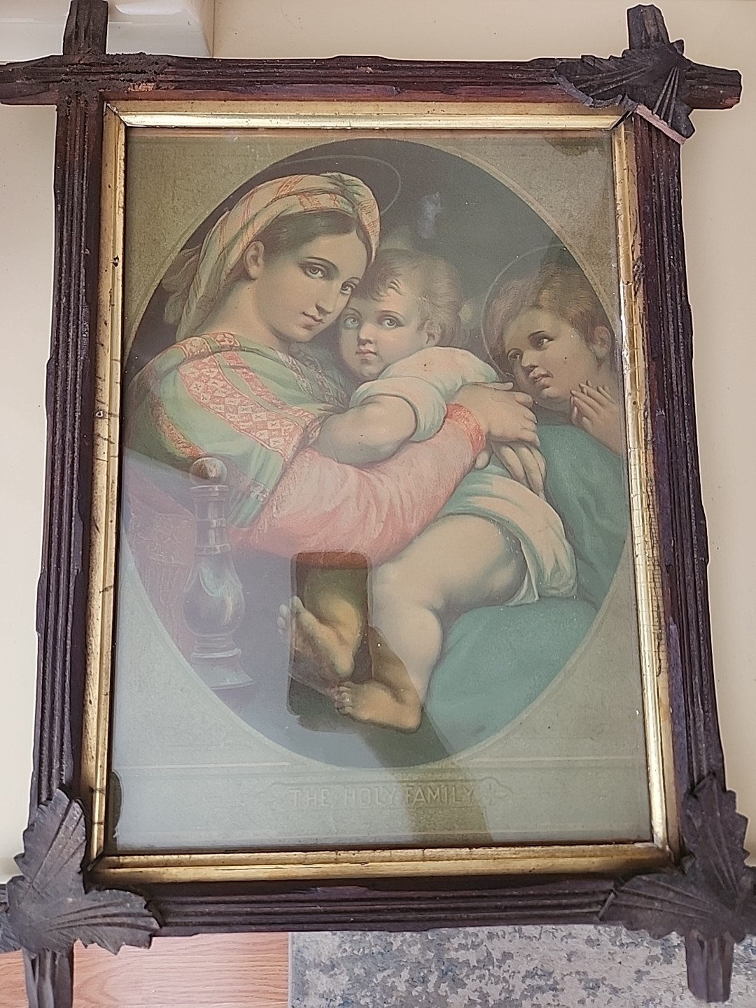 Antique Chromolithograph "The Holy Family" Raphael Style, Victorian Wood Frame Antique Chromolithograph "The Holy Family" Raphael Style, Victorian Wood Frame