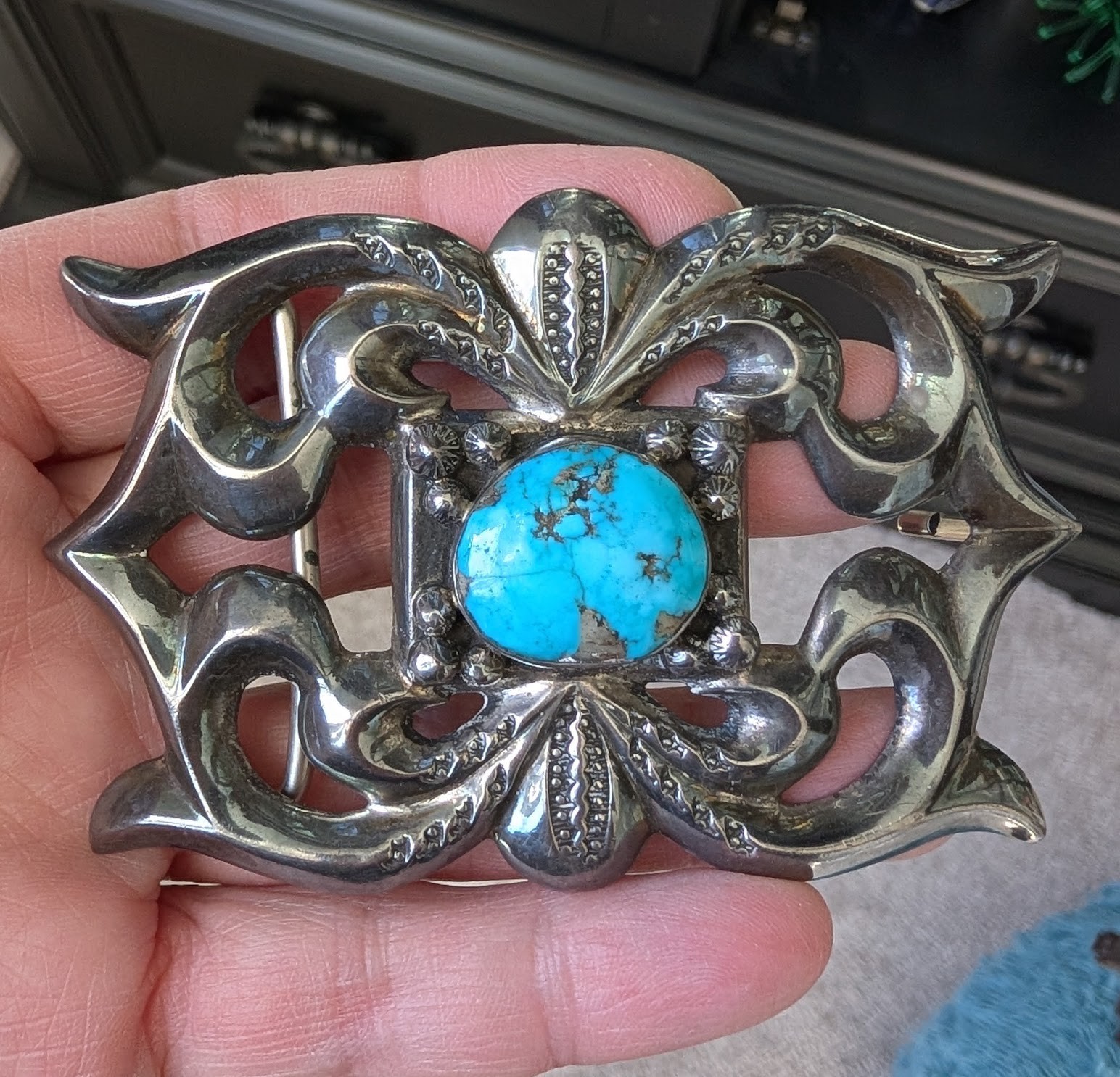 Navajo Sandcast Turquoise Belt Buckle Navajo Sandcast Turquoise Belt Buckle
