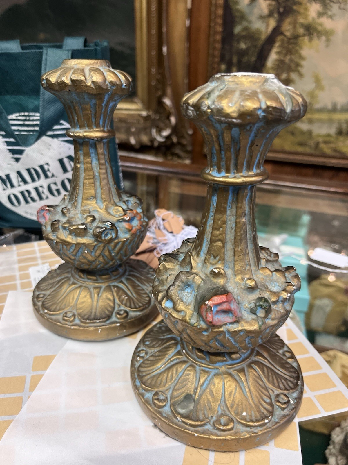 Pair Of Ornate 8” Baroque candlestick holder Possibly Chalk Ware Gorgeous 1930s Pair Of Ornate 8” Baroque candlestick holder Possibly Chalk Ware Gorgeous 1930s