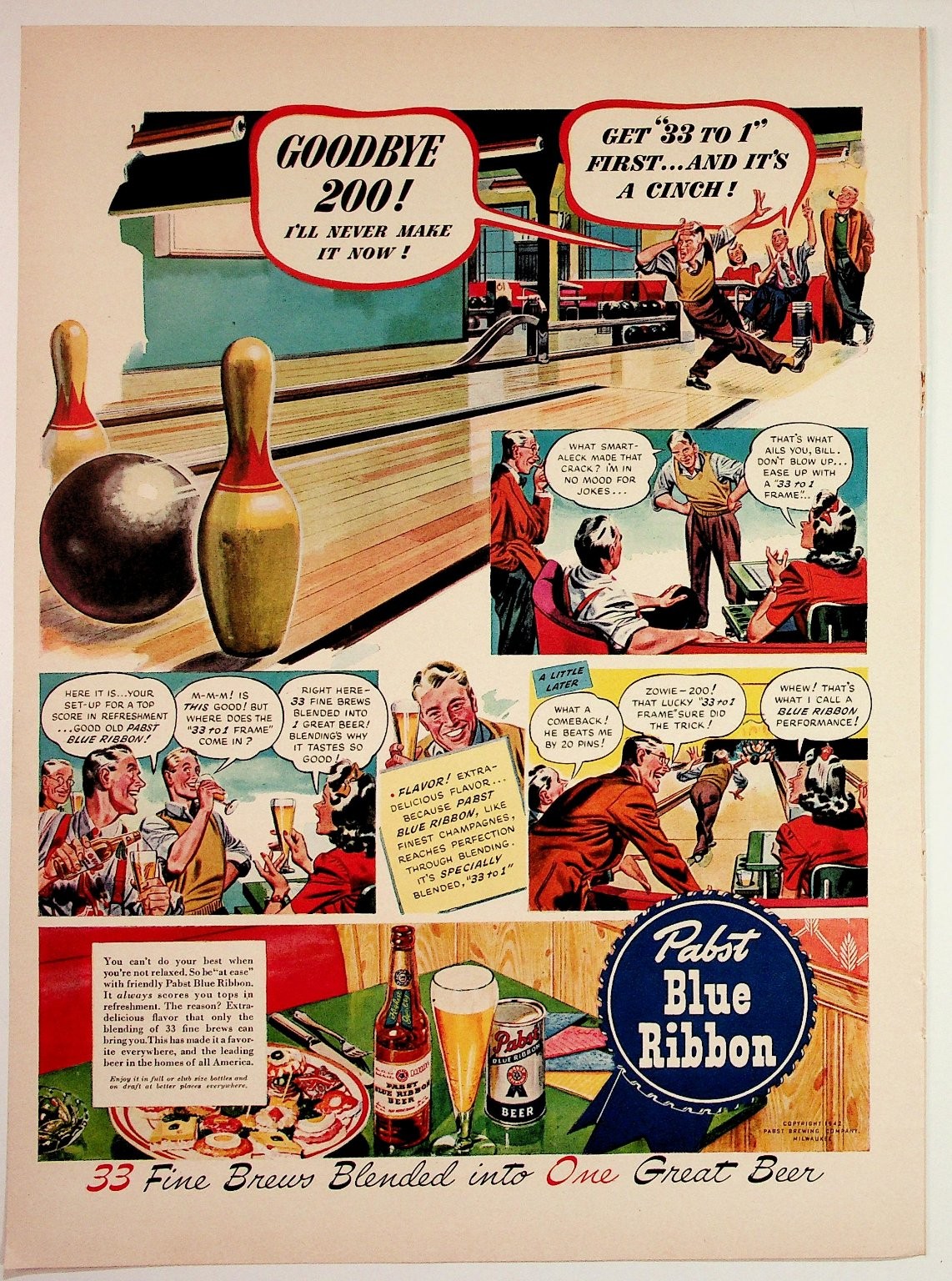 1947 Pabst Blue Ribbon Beer Vintage Ad Bowling "33 to 1" Milwaukee Ephemera 1947 Pabst Blue Ribbon Beer Vintage Ad Bowling "33 to 1" Milwaukee Ephemera