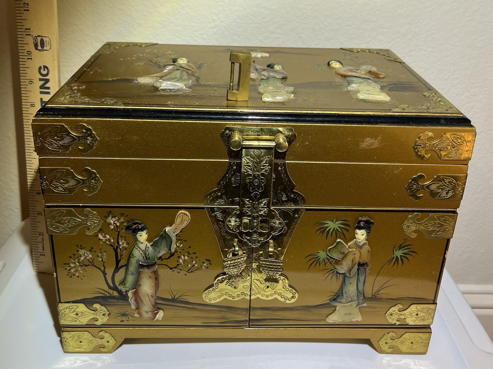 Vintage Chinese Gold Lacquer Jewelry Box, Red Silk Lining H 10” L 14” W 9” Vintage Chinese Gold Lacquer Jewelry Box, Red Silk Lining H 10” L 14” W 9”