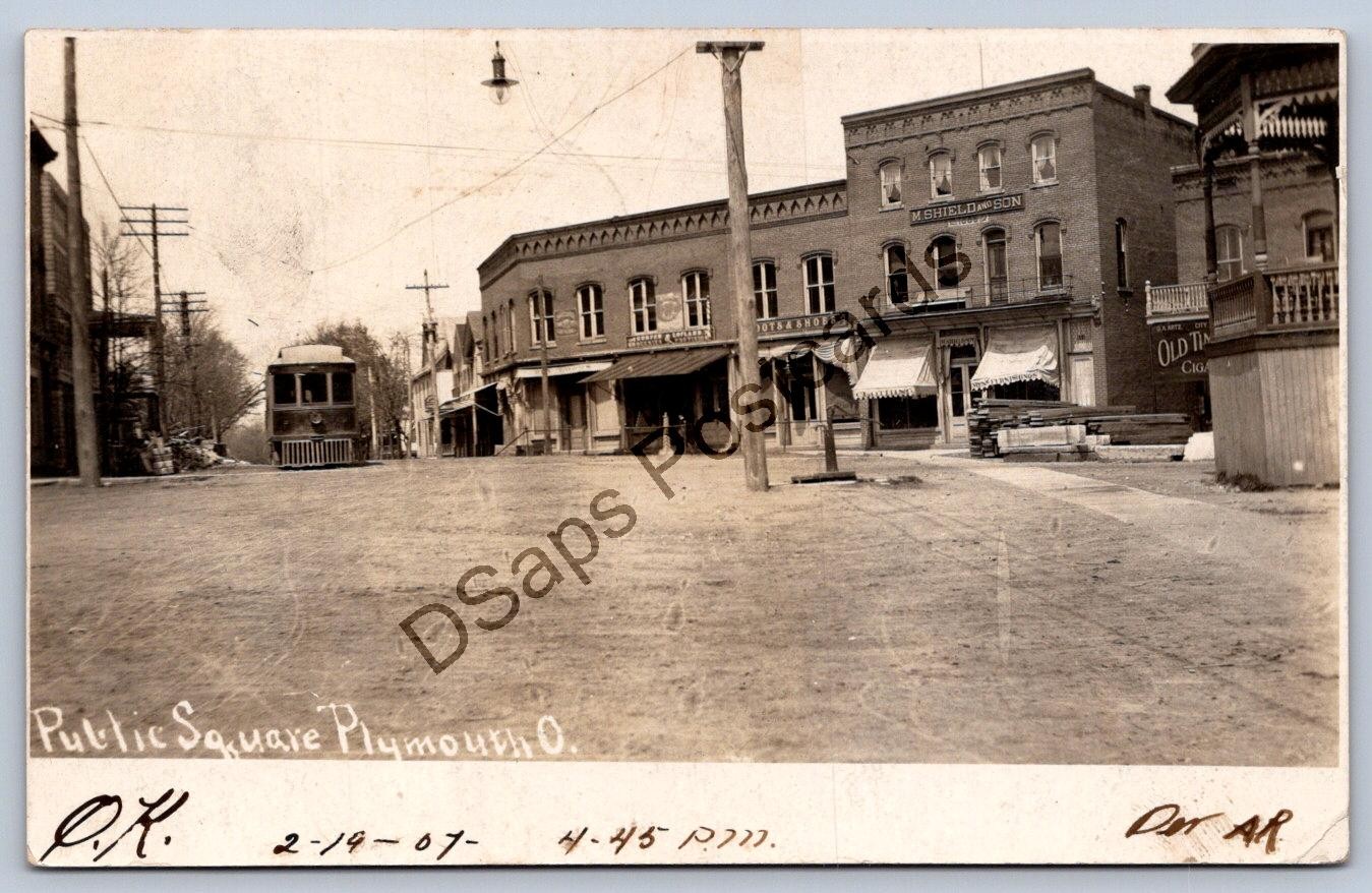 K69/ Plymouth Ohio RPPC Postcard c1910 Public Square Stores Trolley  48