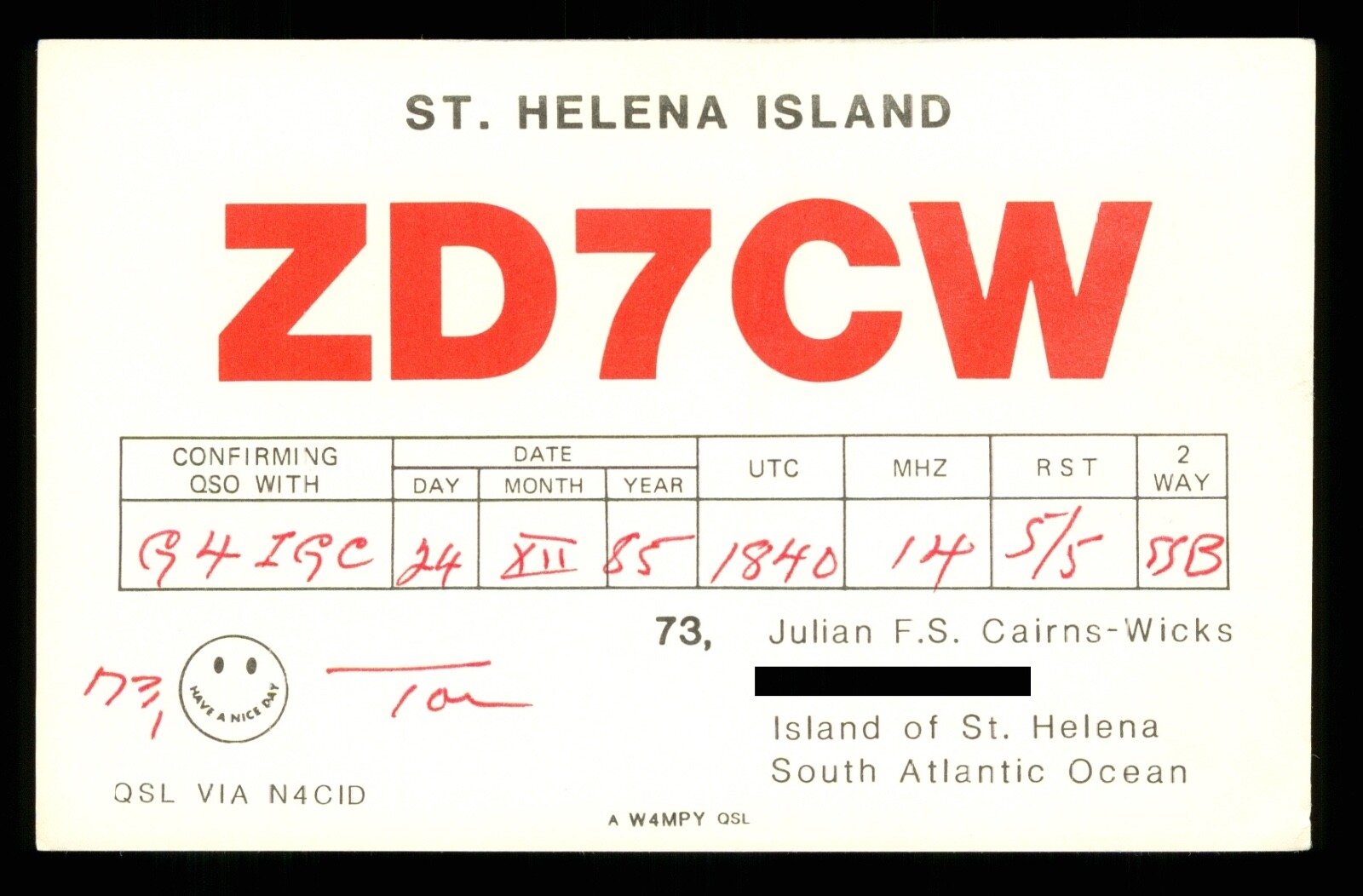 QSL Card Radio St Helena Island ZD7CW 1985 op Julian F S Cairns-Wicks ≠ B141 QSL Card Radio St Helena Island ZD7CW 1985 op Julian F S Cairns-Wicks ≠ B141