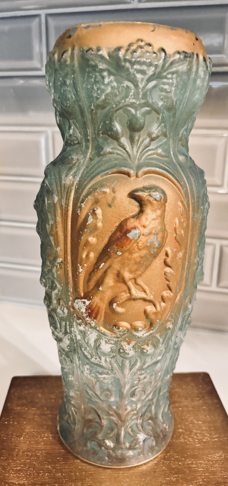 Antique 1920s Goofus Glass BIRD & FLOWERS Gold & Turquoise sprayed Vase 12"H Antique 1920s Goofus Glass BIRD & FLOWERS Gold & Turquoise sprayed Vase 12"H