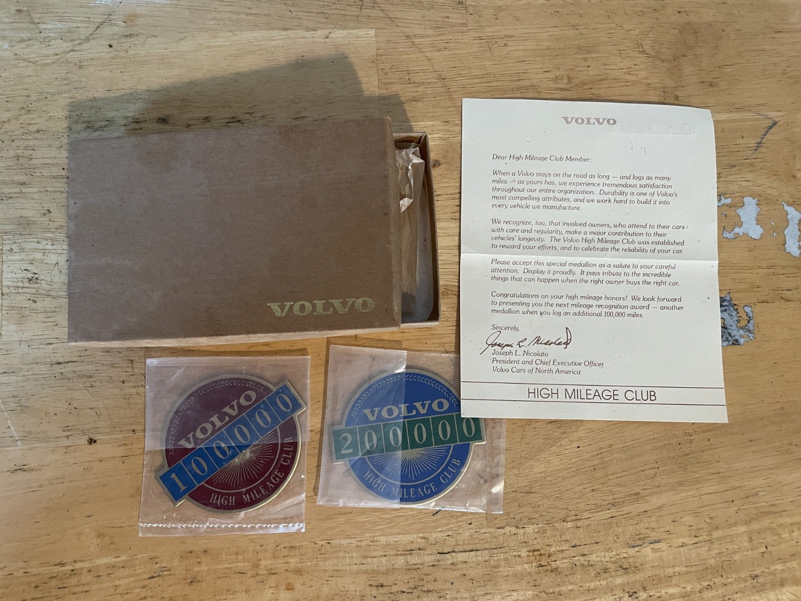 Vintage Volvo High Mileage Club Medallion Badge 100K 200K Set Box & Letter Vintage Volvo High Mileage Club Medallion Badge 100K 200K Set Box & Letter