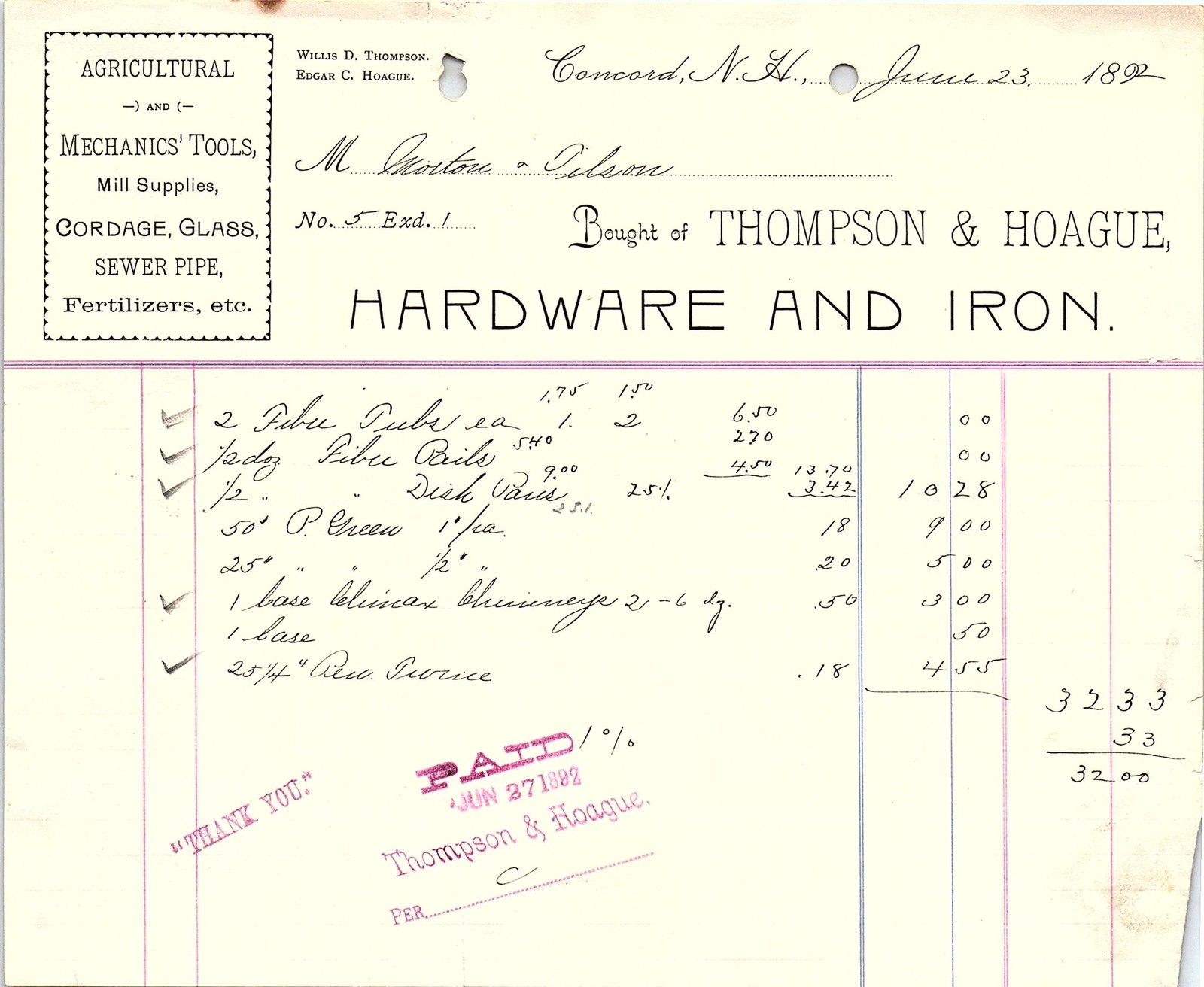 Vintage 1899 Thompson & Hoague Hardware & Iron Billhead Vintage 1899 Thompson & Hoague Hardware & Iron Billhead