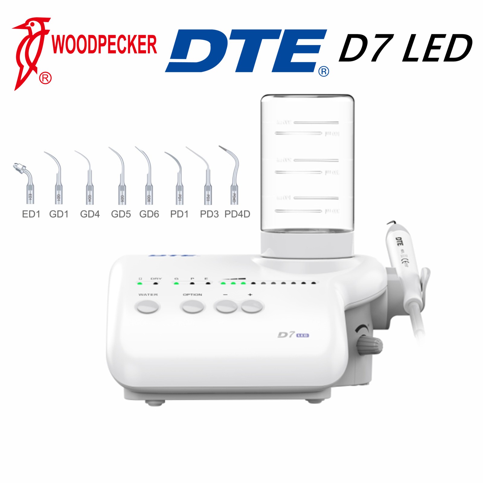 Woodpecker DTE D7 LED Dental Ultrasonic Scaler w/ HD-7L Handpiece Scaling Tips