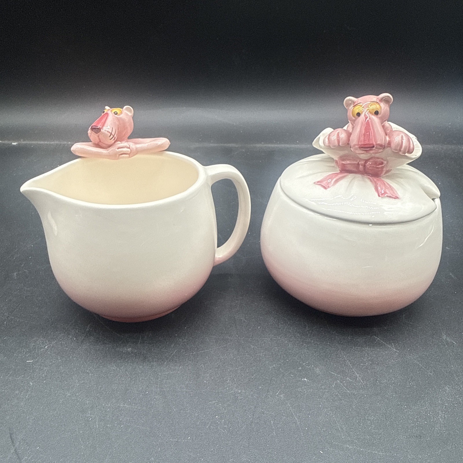 Vintage 1981 Pink Panther Sugar And Creamer Set Royal Orleans porcelain Japan RO Vintage 1981 Pink Panther Sugar And Creamer Set Royal Orleans porcelain Japan RO