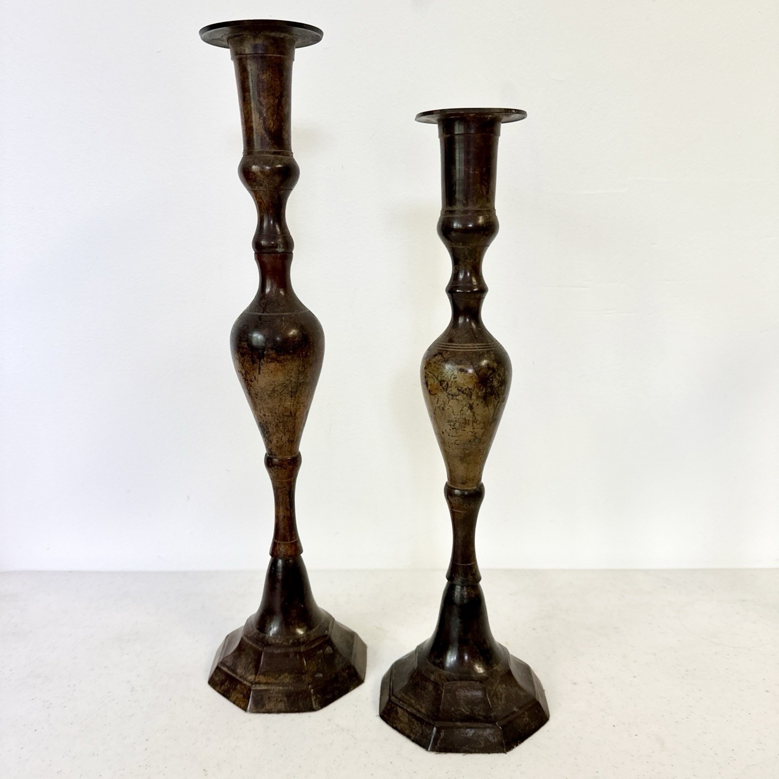Vintage Pair Of Bronzite Candlestick Holders Enamel Painted 14" & 16.5" Decor Vintage Pair Of Bronzite Candlestick Holders Enamel Painted 14" & 16.5" Decor