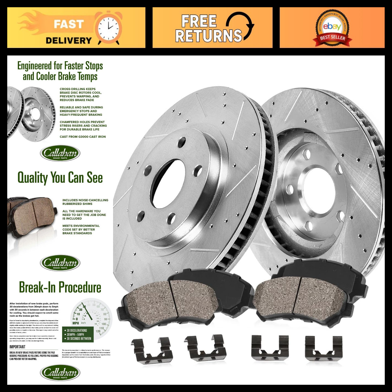 Callahan BRAKE PARTS Front Drilled Slotted Brake Disc Rotors and Ceramic Brake P Callahan BRAKE PARTS Front Drilled Slotted Brake Disc Rotors and Ceramic Brake P