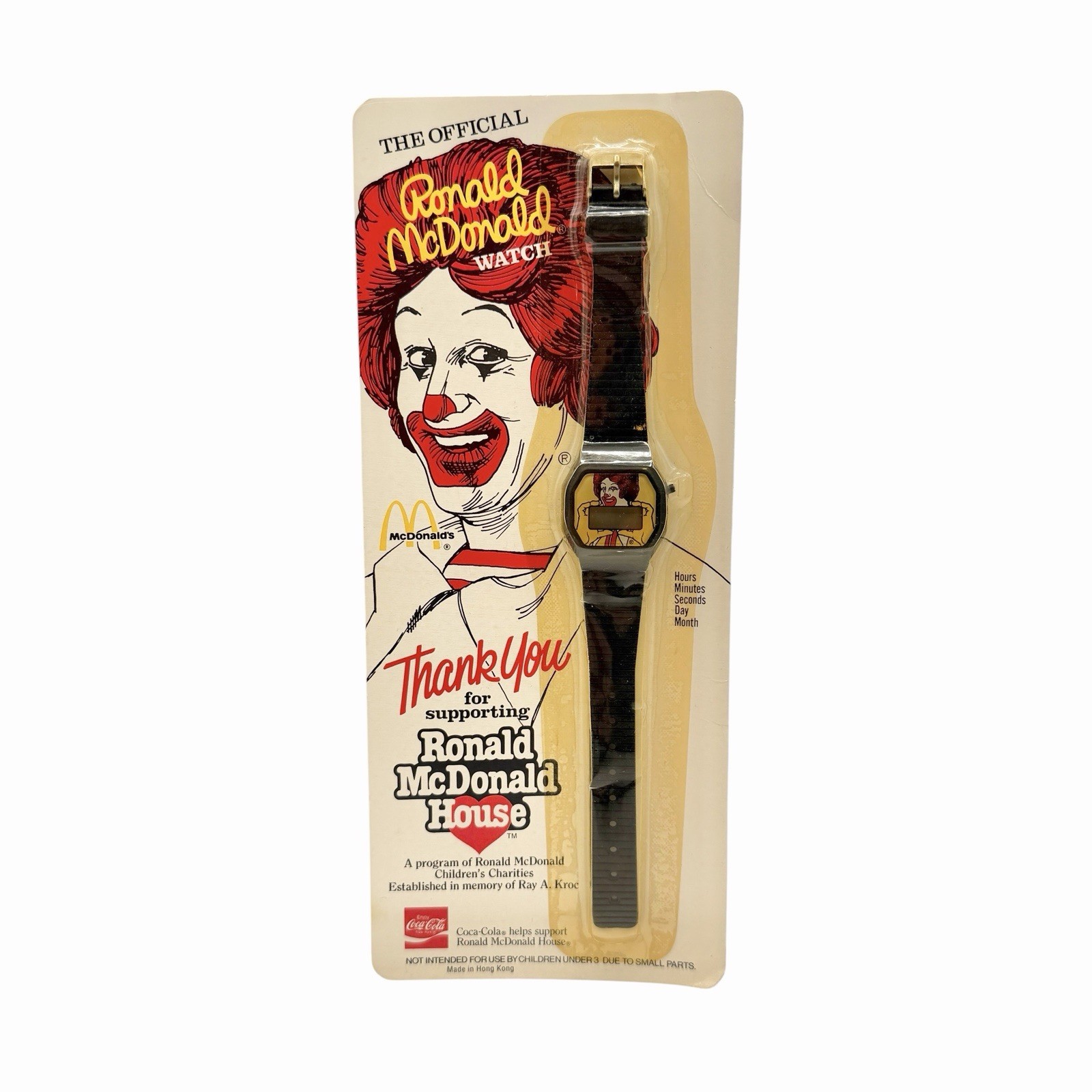 Vintage 1984 Ronald McDonald House Digital Watch Black Wrist Band Coca Cola NOS