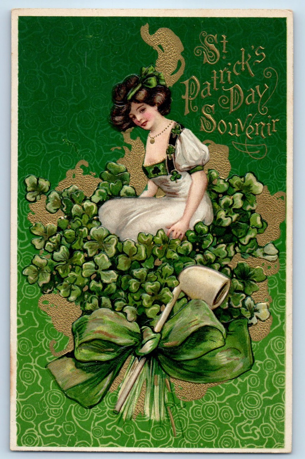 c1910's St. Patrick's Day Pretty Woman Shamrocks Pipe Winsch Back Postcard