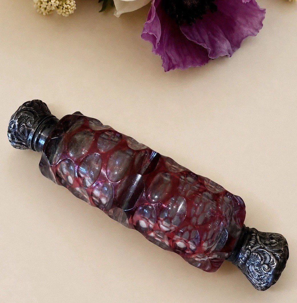 Antique 1875 French Cranberry Cut Glass Double Scent & Salts Bottle Solid Silver Antique 1875 French Cranberry Cut Glass Double Scent & Salts Bottle Solid Silver