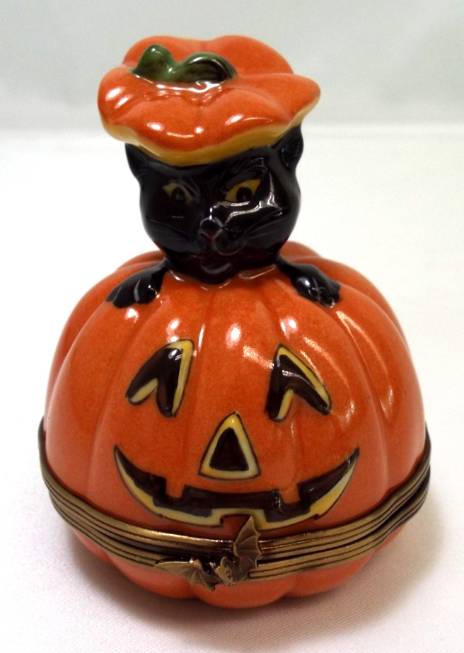 Limoges Peint Main Trinket Box Jack-O-Lantern Black Cat Halloween France CJO Limoges Peint Main Trinket Box Jack-O-Lantern Black Cat Halloween France CJO