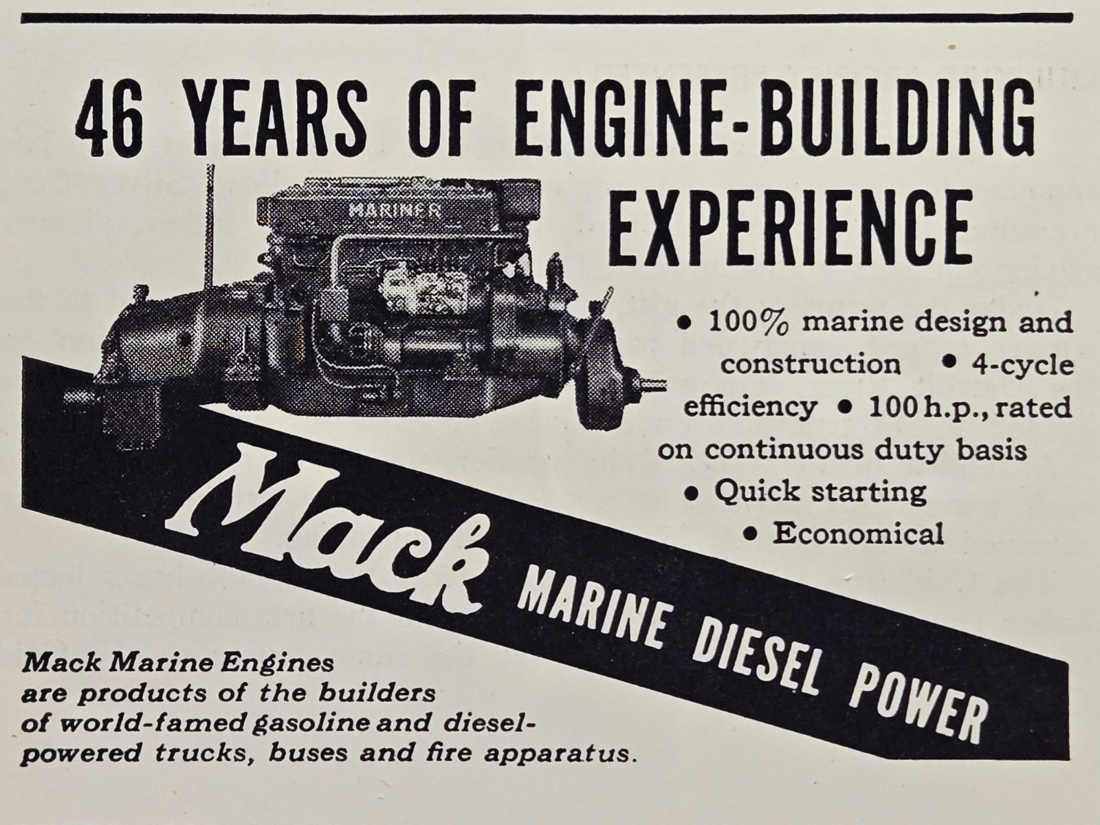 1946 Mack Marine Gas Diesel Power Print Ad - Engines Trucks Buses Fire Apparatus