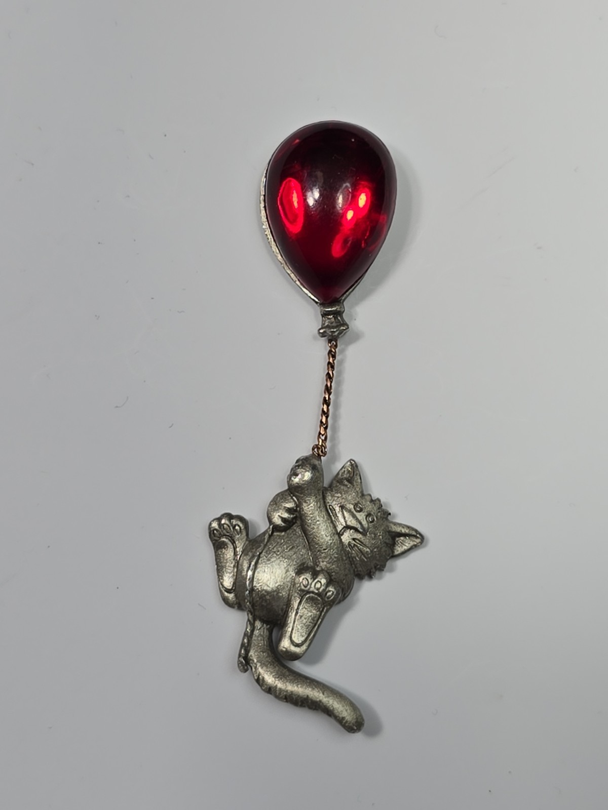 JJ Jonette Lapel Pin Pewter Cat Dangling from Red Cabochon Balloon