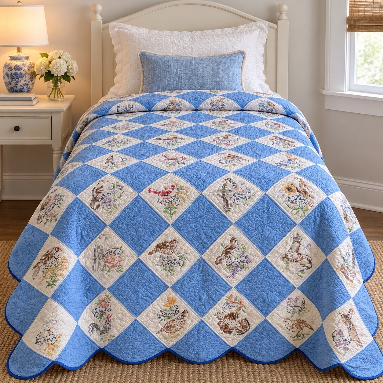 Vintage Handmade Patchwork Quilt State Birds Embroidered White Blue Scallop Edge