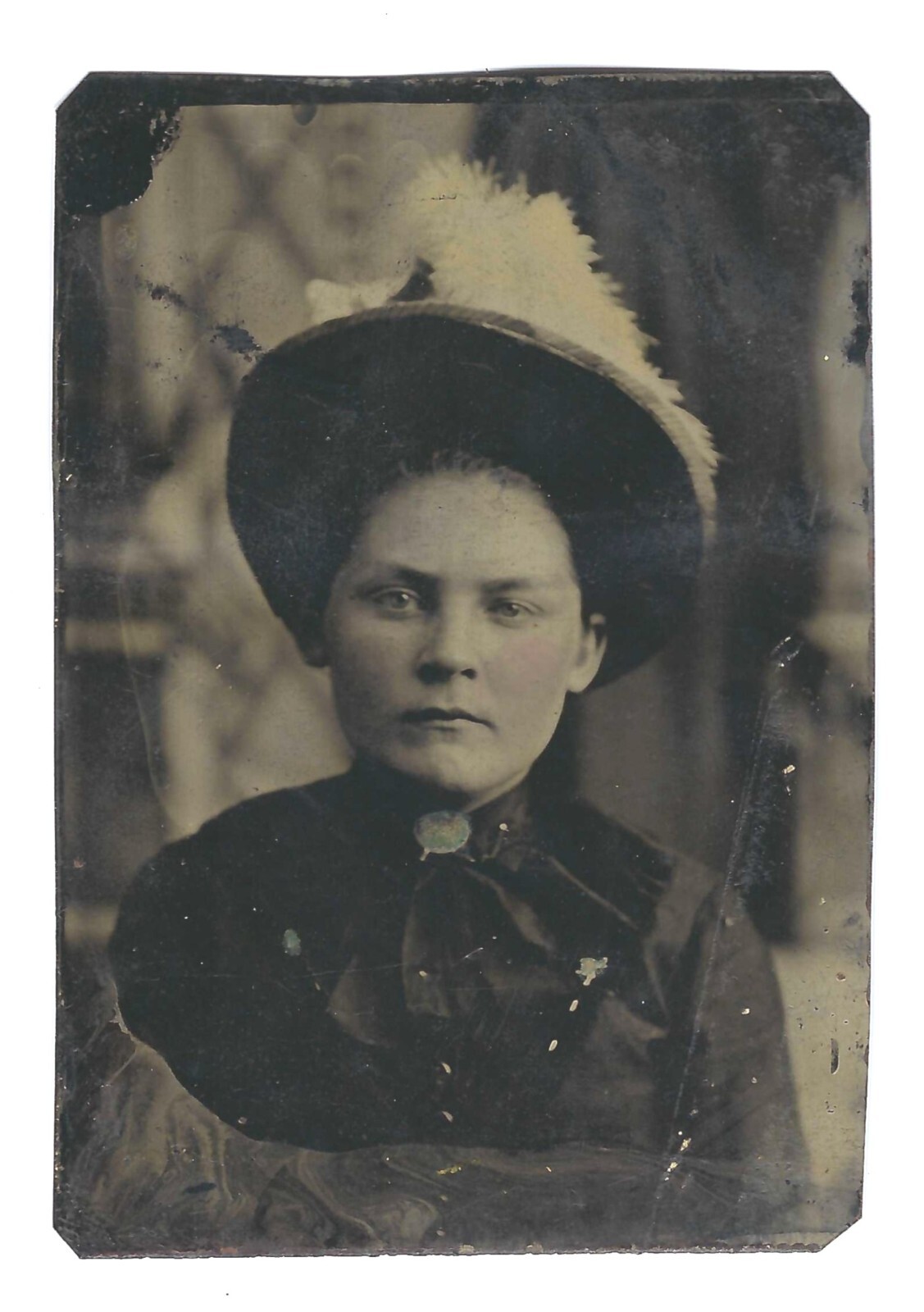 Tintype c. 1880s Woman in Mourning Dress Fancy Feather Hat Tinted Tintype c. 1880s Woman in Mourning Dress Fancy Feather Hat Tinted