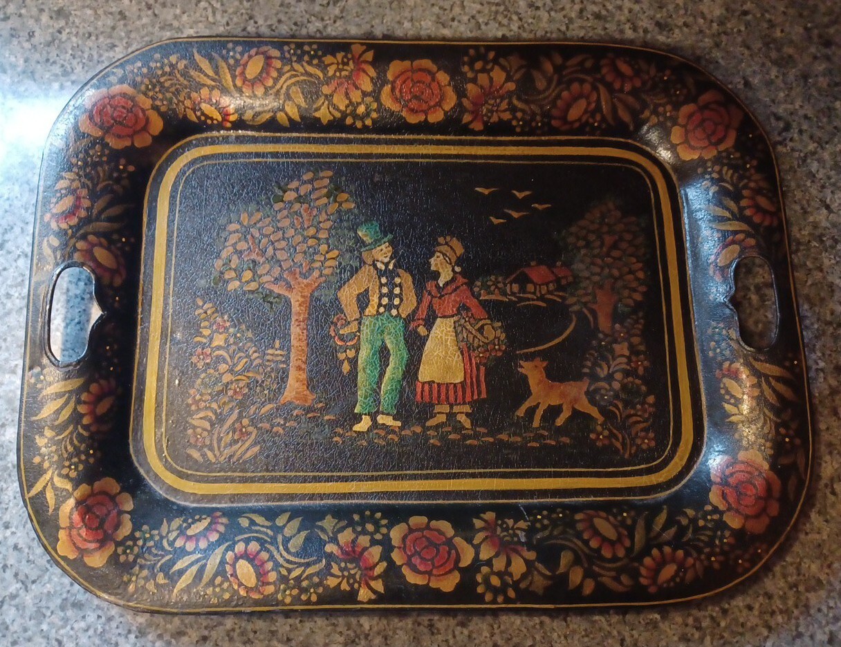 Antique 1800s Tin Metal Toleware Hand Painted Tray Courtship Man Woman Folk Art Antique 1800s Tin Metal Toleware Hand Painted Tray Courtship Man Woman Folk Art