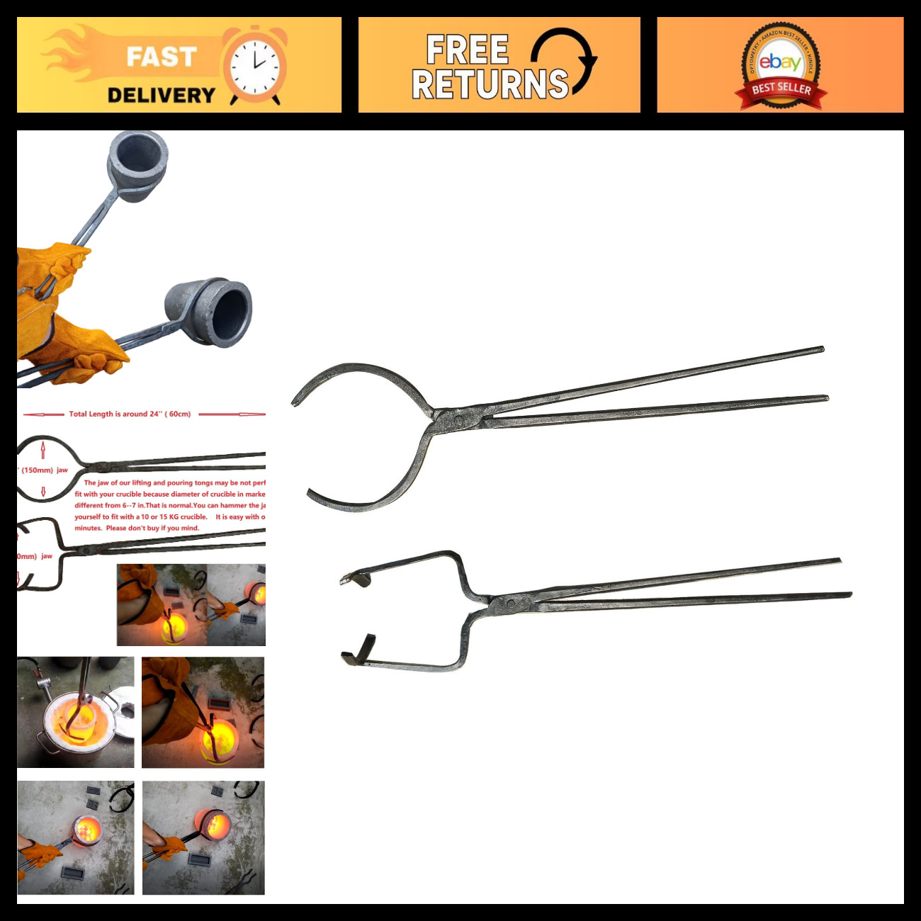 Large Crucible Tongs Set - 24" Metal Casting Tool for 12KG/15KG/16KG Crucibles Large Crucible Tongs Set - 24" Metal Casting Tool for 12KG/15KG/16KG Crucibles