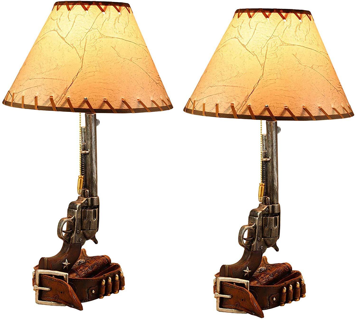 Ebros Western Revolver Bedside Table Lamp with Shade 20.5"Tall (Set of 2) Ebros Western Revolver Bedside Table Lamp with Shade 20.5"Tall (Set of 2)