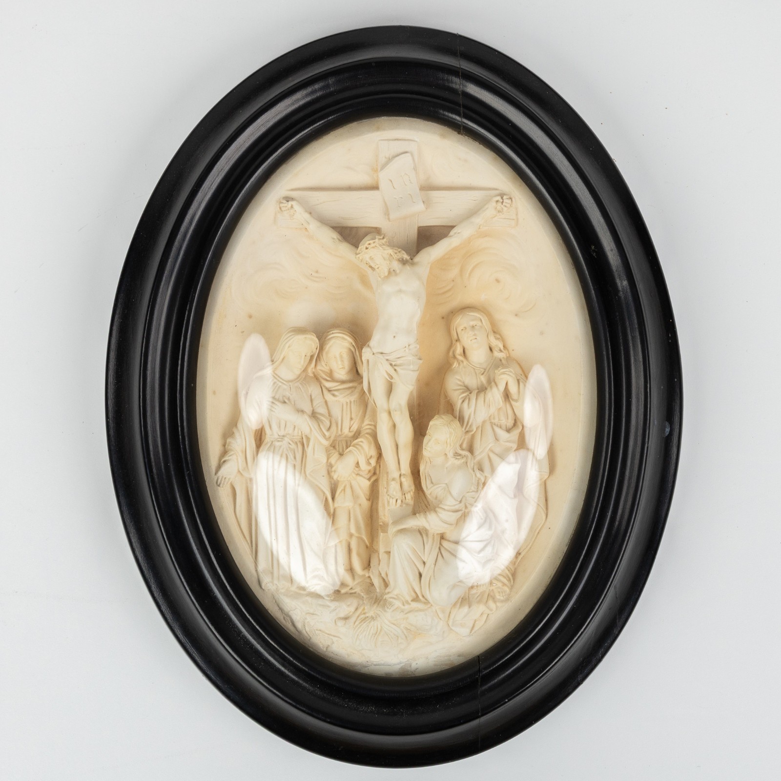 Antique chalk bas relief 3 marys john the baptist christ cross crucifix plaque Antique chalk bas relief 3 marys john the baptist christ cross crucifix plaque