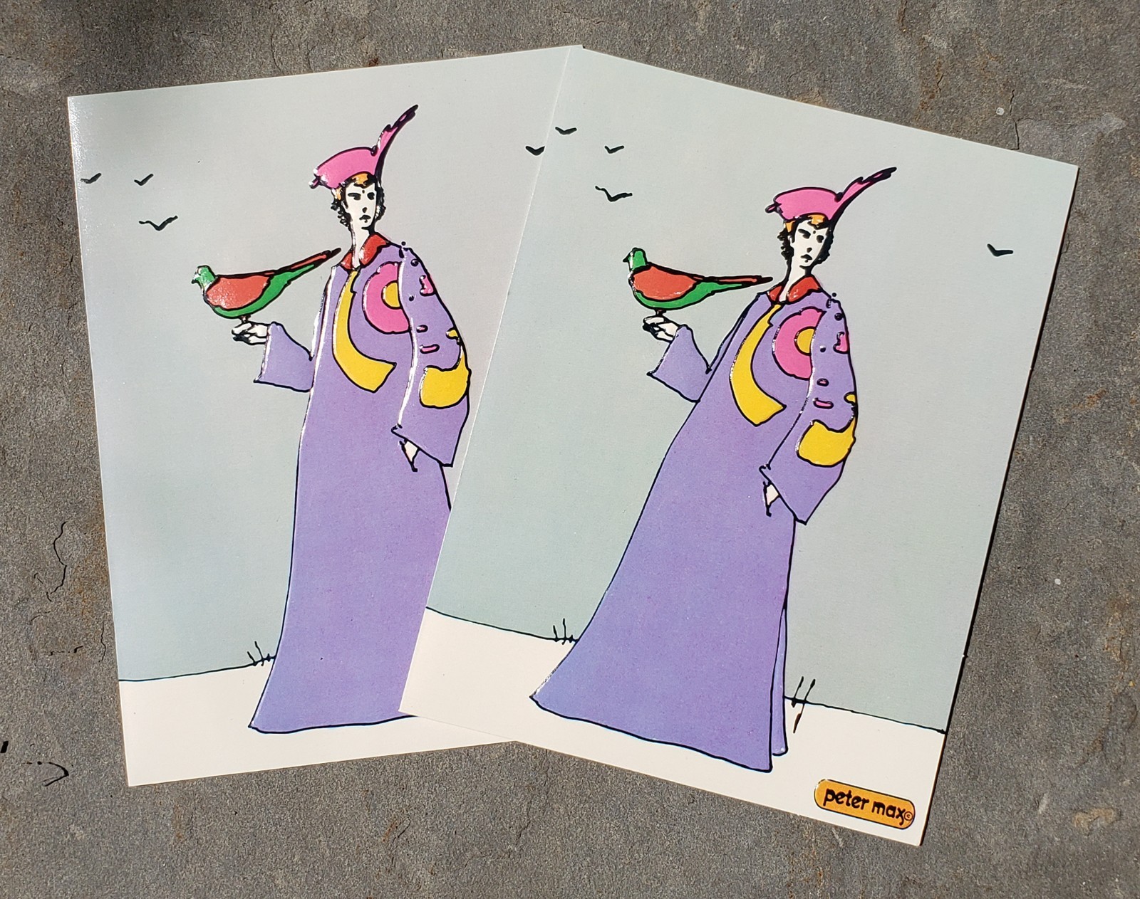 2 Vintage PETER MAX Pop Art Christmas Cards c1970s Man, Bird, Embossed, Regency 2 Vintage PETER MAX Pop Art Christmas Cards c1970s Man, Bird, Embossed, Regency