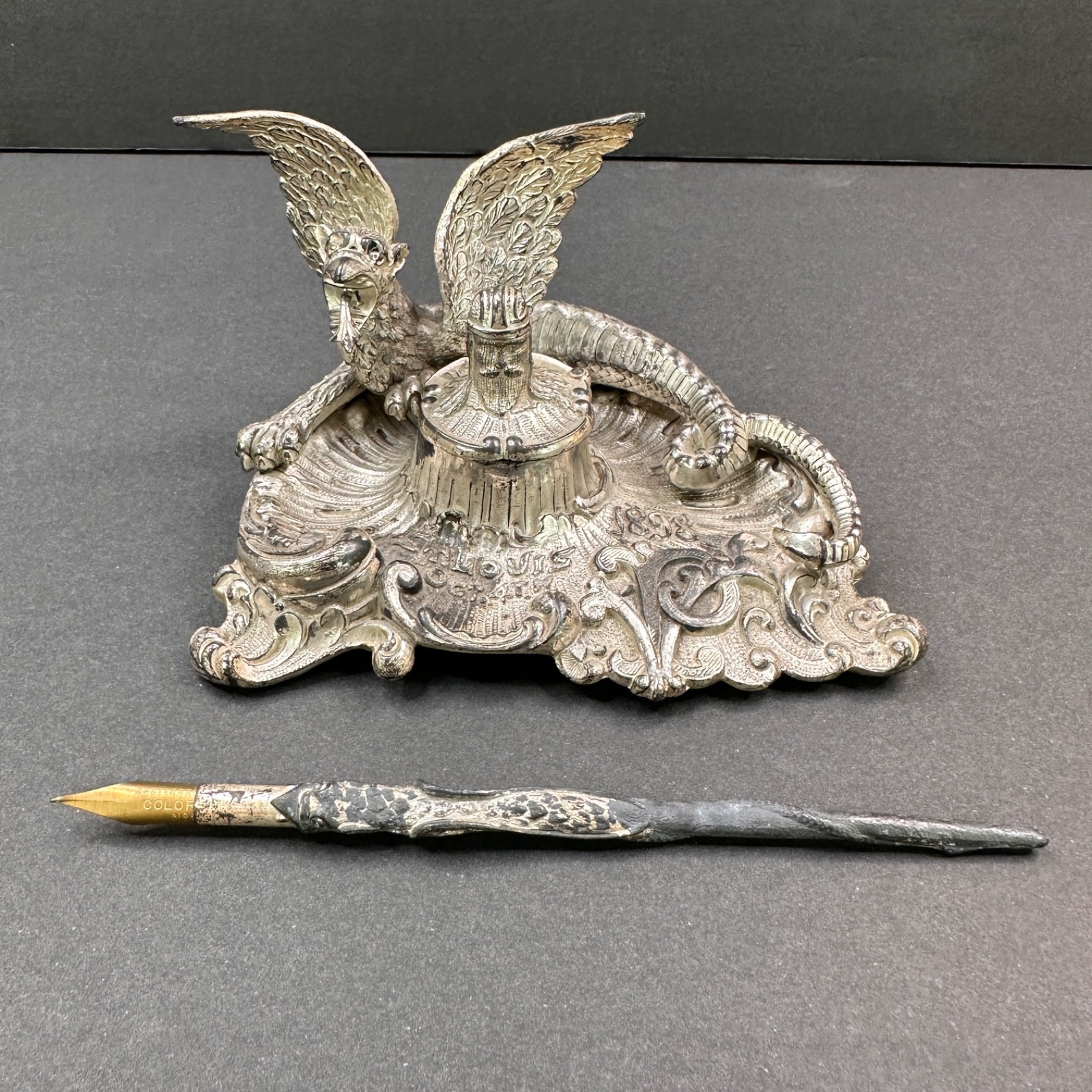 Antique 1898 St. Louis Veiled Prophet VP Dragon Like Inkwell and Pen VHTF Antique 1898 St. Louis Veiled Prophet VP Dragon Like Inkwell and Pen VHTF