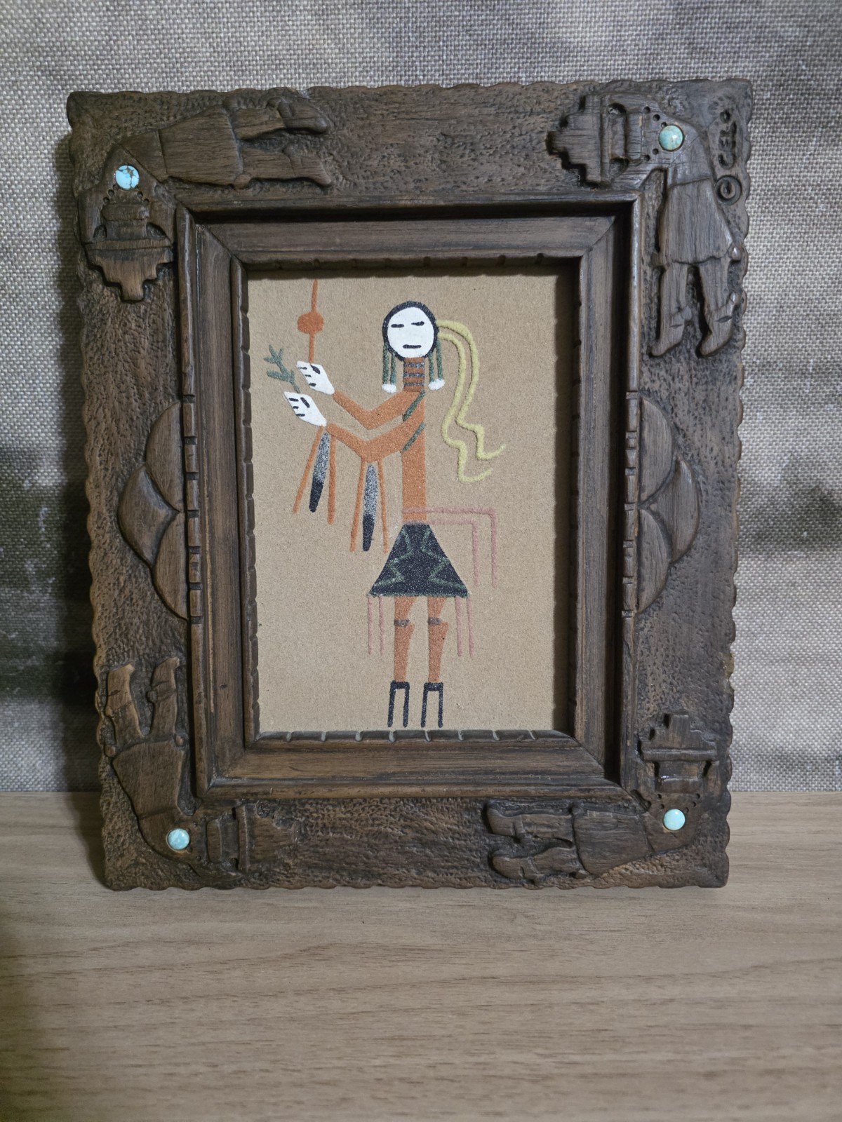 Navajo sand art painting. Frame with turquoise stones. Sand Art collection. Navajo sand art painting. Frame with turquoise stones. Sand Art collection.