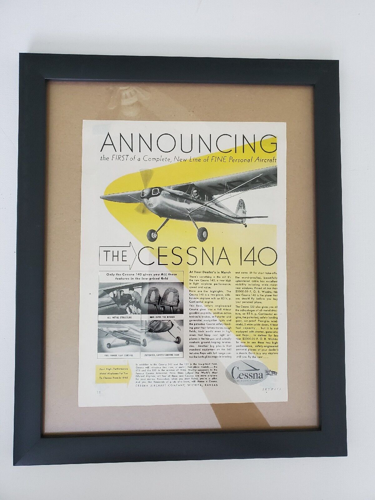 1946 Cessna 120 140 Aircraft Airplane Aviation WWII Certificate of Authenticity