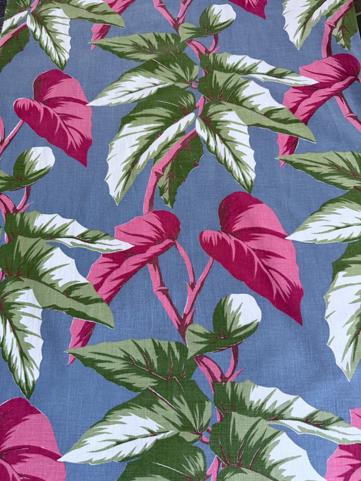 1940’s Tropics GLAM Pink Begonias on Chambray Blue Barkcloth Era Vintage Fabric
