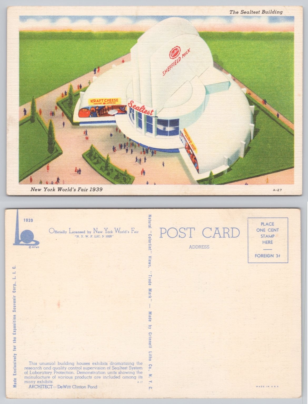 1939 New York World's Fair Sealtest Building Linen Postcard Nywf Sheffield Milk 1939 New York World's Fair Sealtest Building Linen Postcard Nywf Sheffield Milk