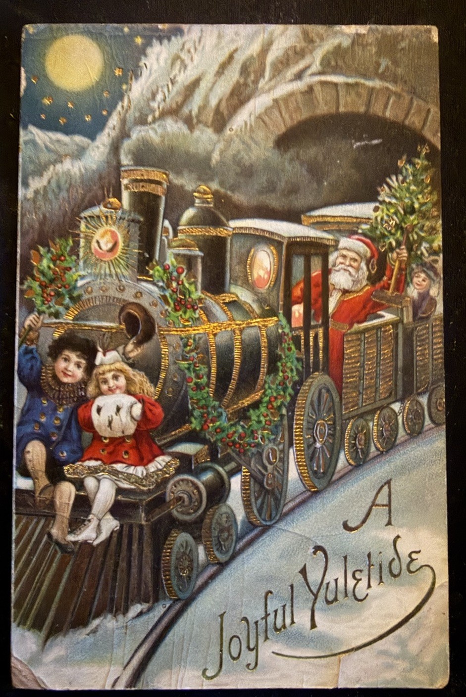 SANTA CLAUS~on Train with Children~SNOW TREE MOON-TOYS~Gel~CHRISTMAS POSTCARD~