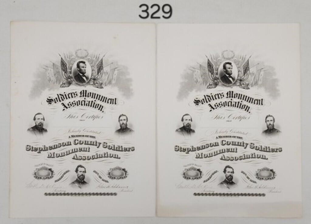 Rare Stephenson County Soldiers Monument Certificate Rare Stephenson County Soldiers Monument Certificate