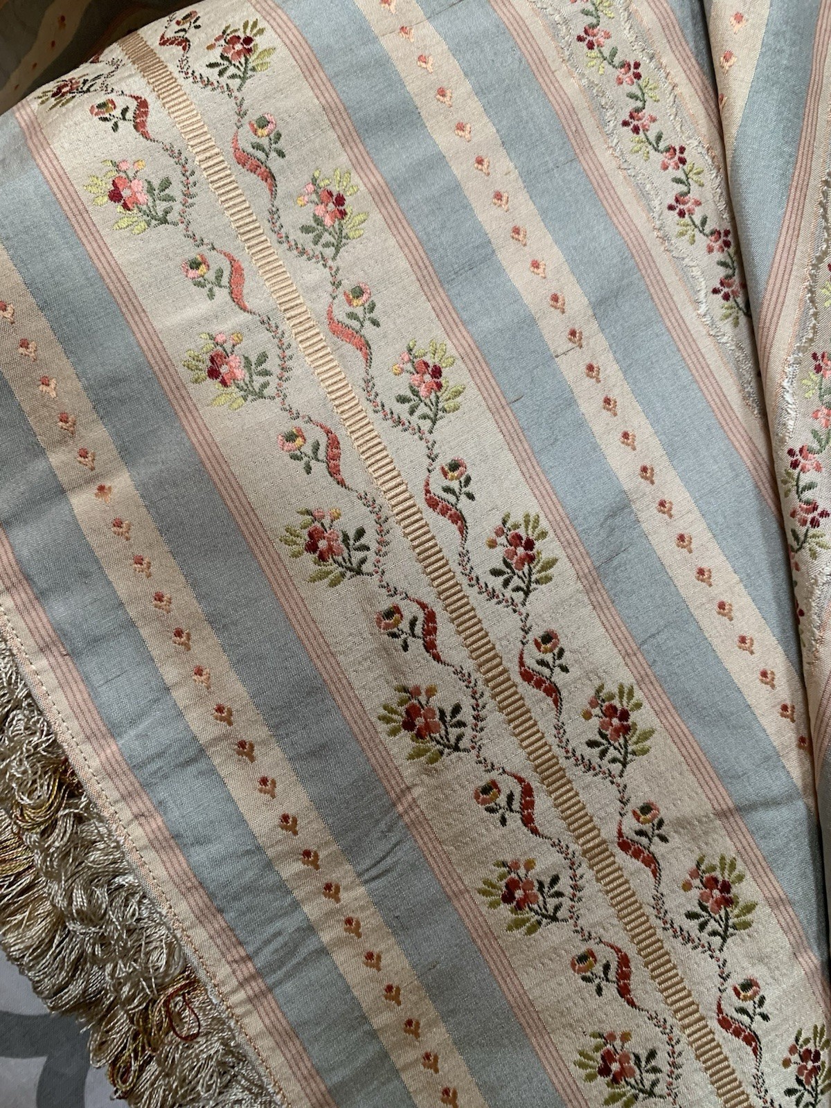 Vintage French Silk Curtain Panel Lined Double Silk Floral Stripe - 131” X 48” Vintage French Silk Curtain Panel Lined Double Silk Floral Stripe - 131” X 48”