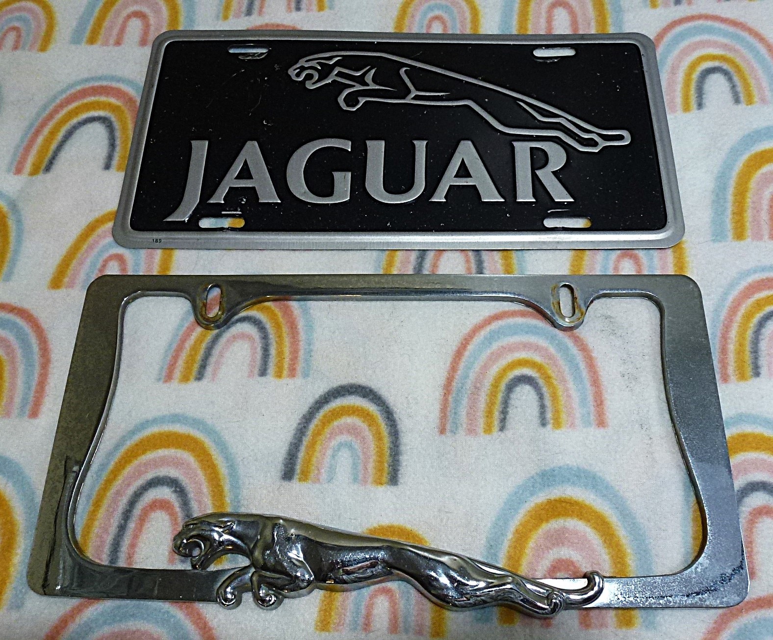 1970s Vintage Jaguar License Plate Frame Heavy Cast Metal w/Jaguar License Plate 1970s Vintage Jaguar License Plate Frame Heavy Cast Metal w/Jaguar License Plate