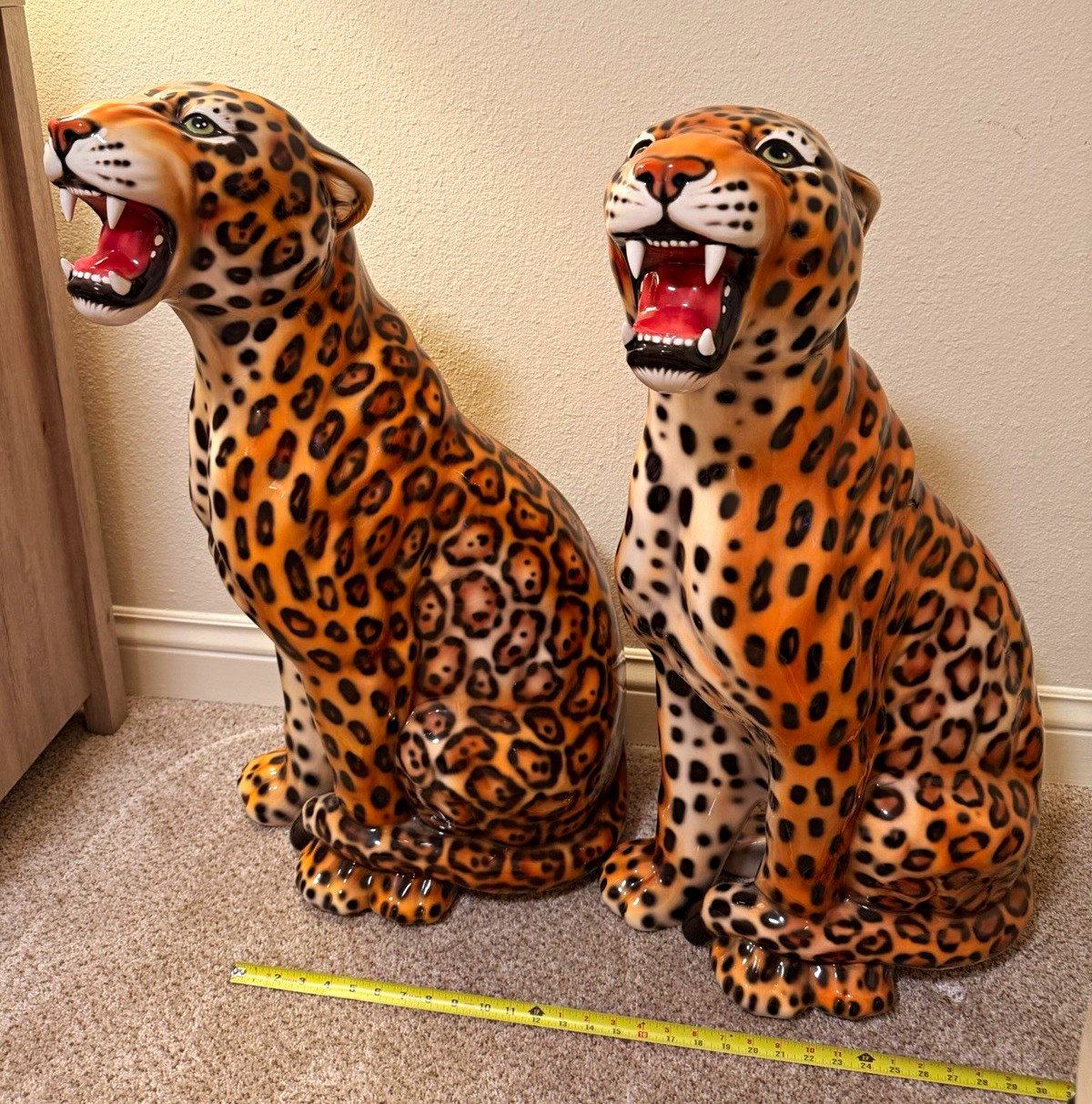 Pair Large Hand Painted Ceramic Leopard Figurines Glossy 36" Made in Italy