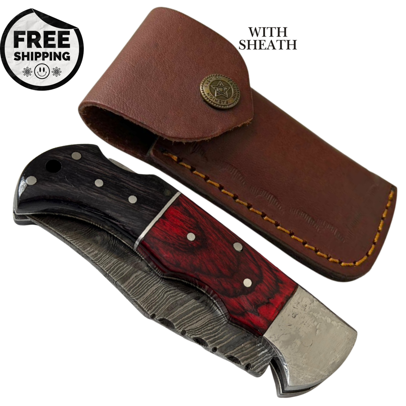 Handcrafted Damascus Steel Folding Pocket Knife Red Wood Handle EDC Sheath Gift Handcrafted Damascus Steel Folding Pocket Knife Red Wood Handle EDC Sheath Gift