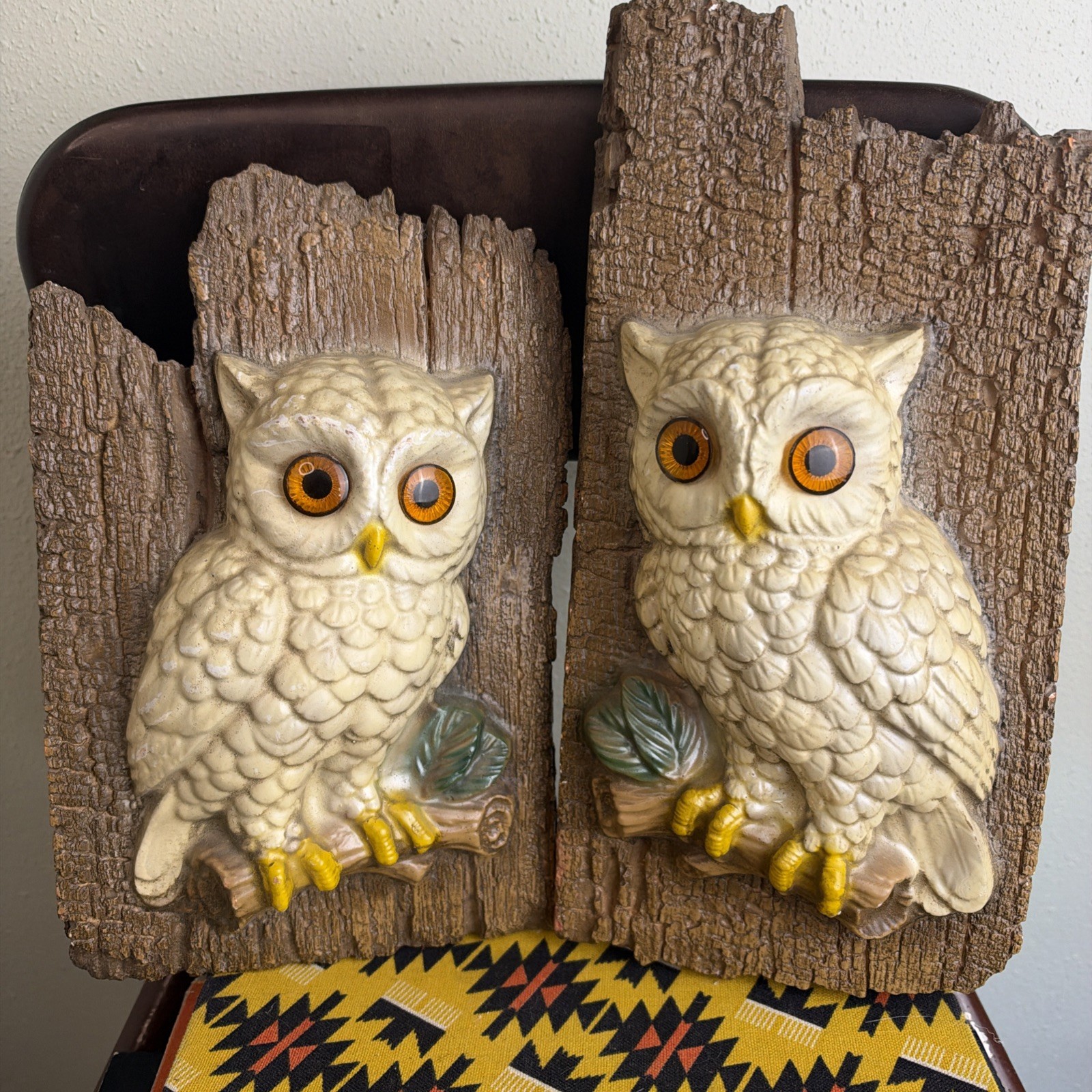 Vintage 1970s Owl Plaque Wall Hanging Set White Brown Ceramic Cottage Country Vintage 1970s Owl Plaque Wall Hanging Set White Brown Ceramic Cottage Country