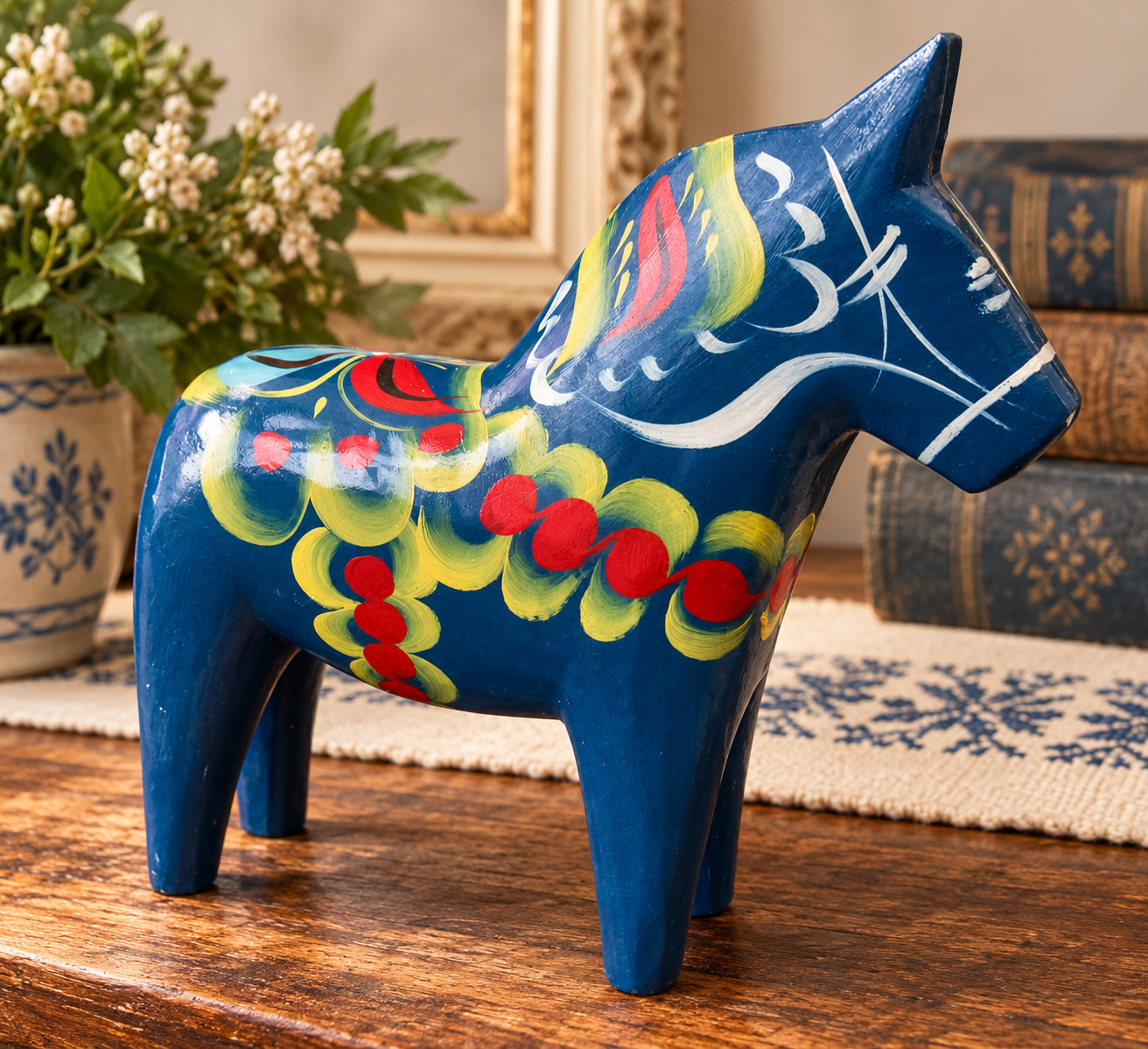 VTG Nils Olsson Blue Dala Horse 7" Hand Painted Wood Folk Art Swedencat