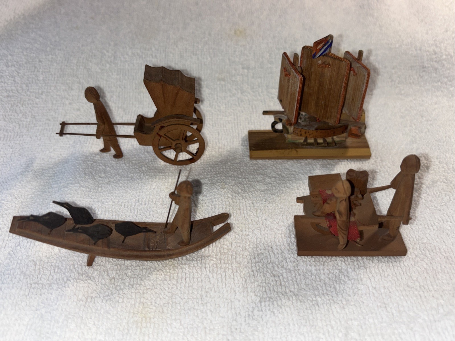 Vintage Antique Chinese Hand-Carved Wooden Figurines Rick Shaw Ship Cart Gondola Vintage Antique Chinese Hand-Carved Wooden Figurines Rick Shaw Ship Cart Gondola