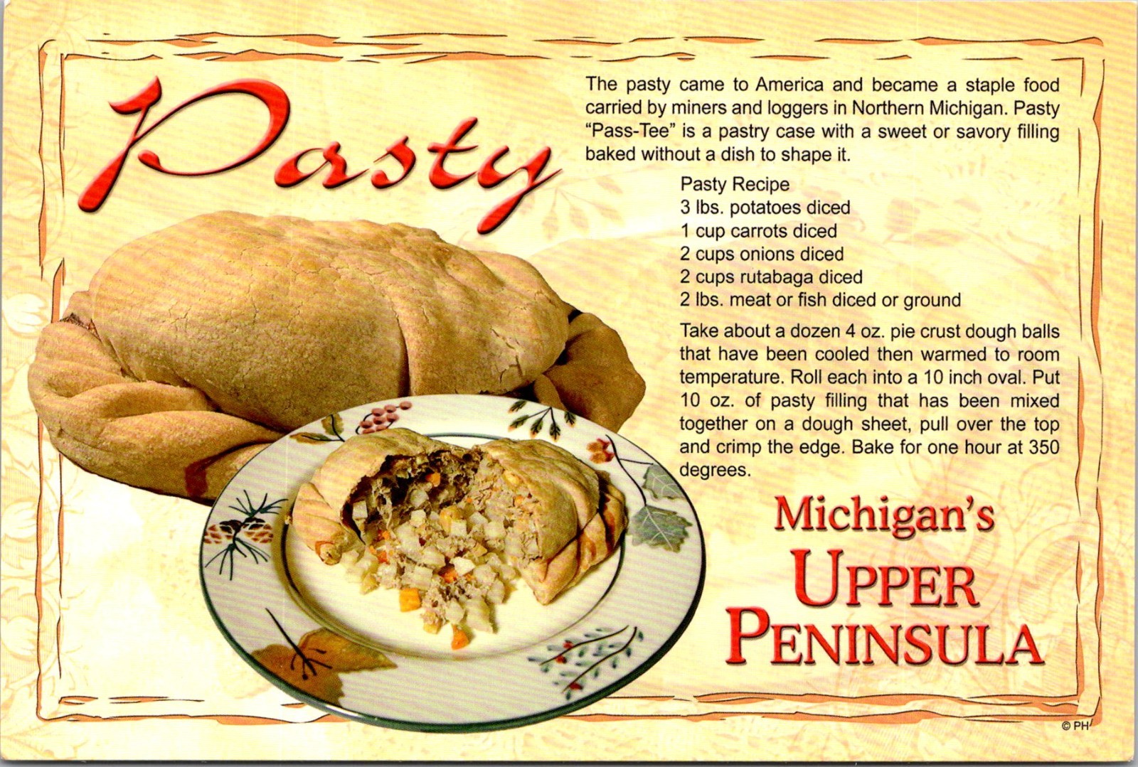 Michigan's Upper Peninsula Pasty Recipe Vintage Postcard TP12-15 Michigan's Upper Peninsula Pasty Recipe Vintage Postcard TP12-15