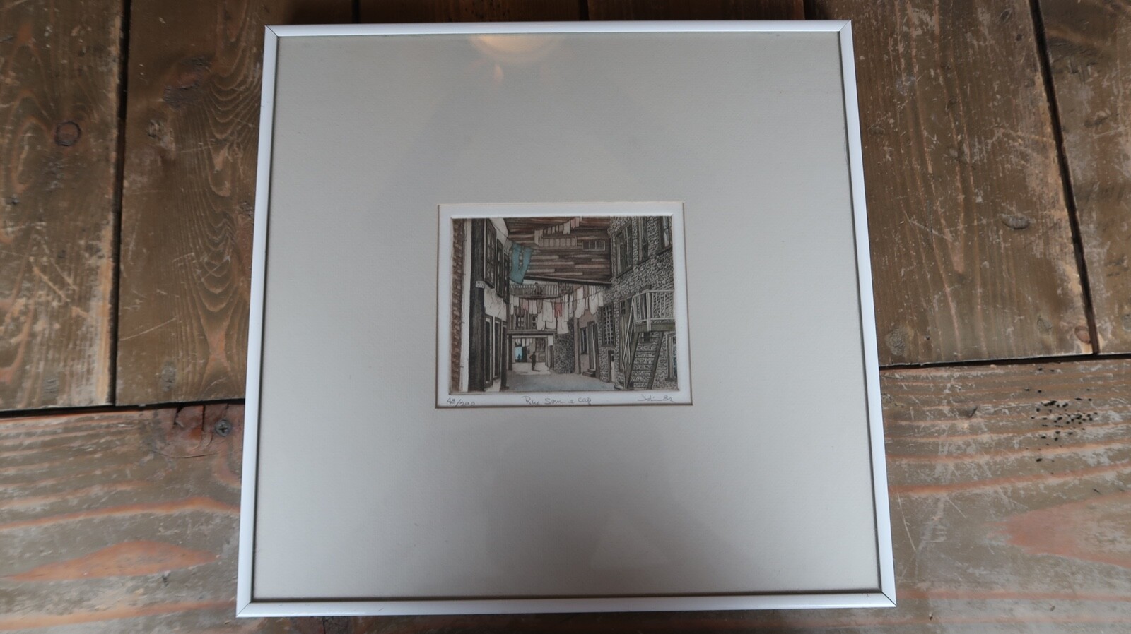 Vintage SIGNED Quebec Canada Rue Sous Le Cap Print 13.5" x 13" Frame Size